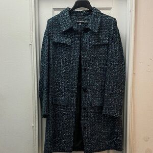 Karl Lagerfeld Teal & Black Tweed Coat with Subtle Metallic Threads